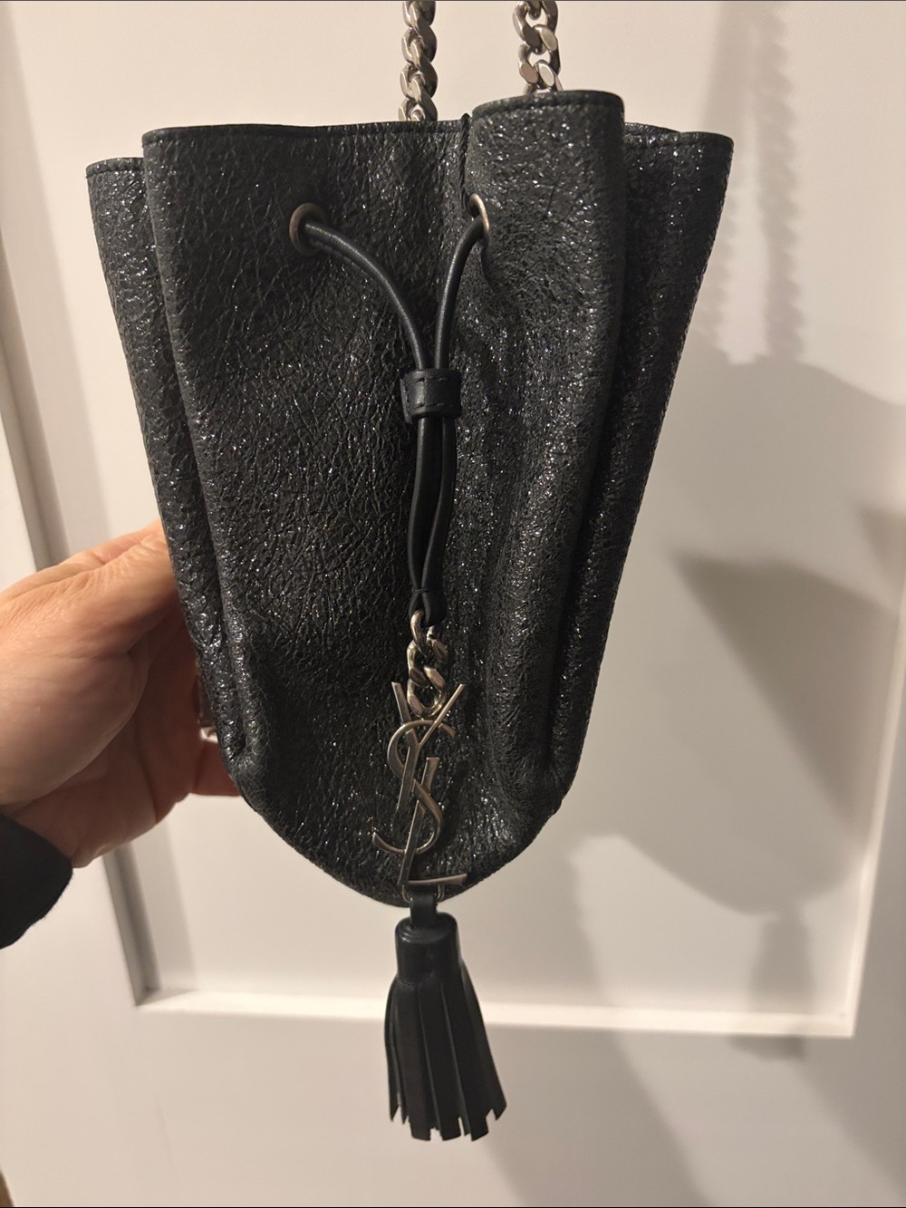 Saint Laurent Black Glitter Textured Leather Bucket Bag with Tassel